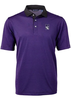 Mens Northwestern Wildcats Purple Cutter and Buck Virtue Eco Pique Micro Stripe Short Sleeve Pol..
