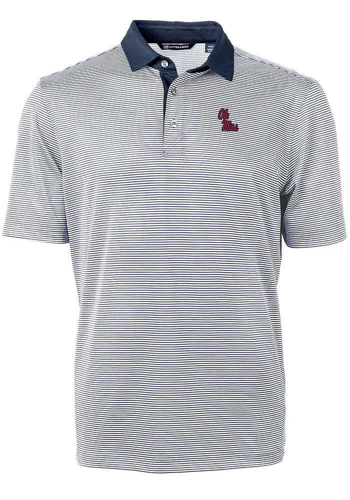 Cutter and Buck Ole Miss Rebels Mens Navy Blue Virtue Eco Pique Micro Stripe Short Sleeve Polo