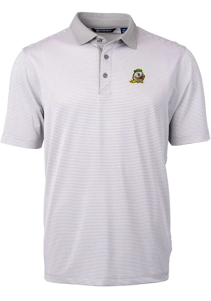 Cutter and Buck Oregon Ducks Mens Grey Virtue Eco Pique Micro Stripe Short Sleeve Polo
