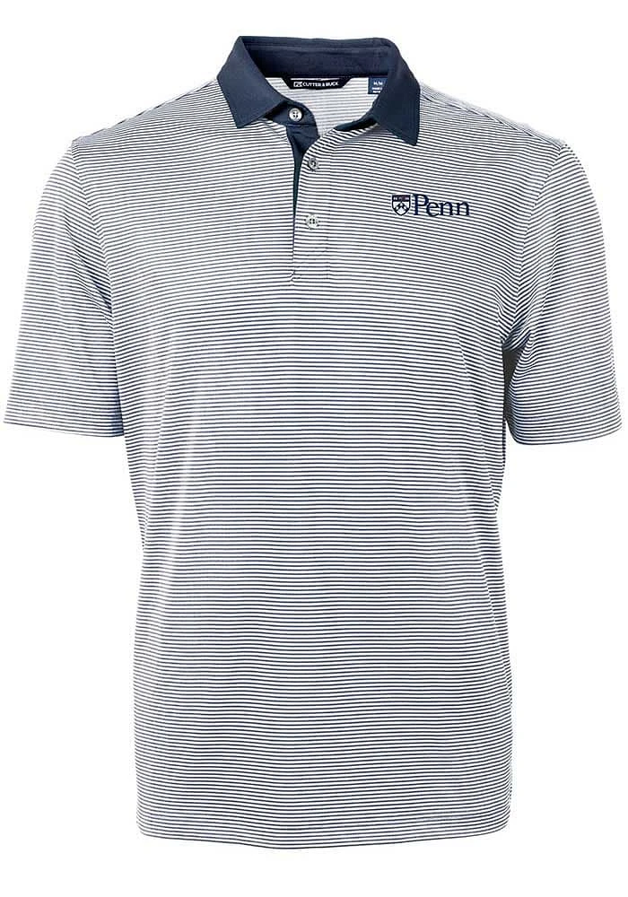 Cutter and Buck Pennsylvania Quakers Mens Navy Blue Virtue Eco Pique Micro Stripe Short Sleeve Pol..