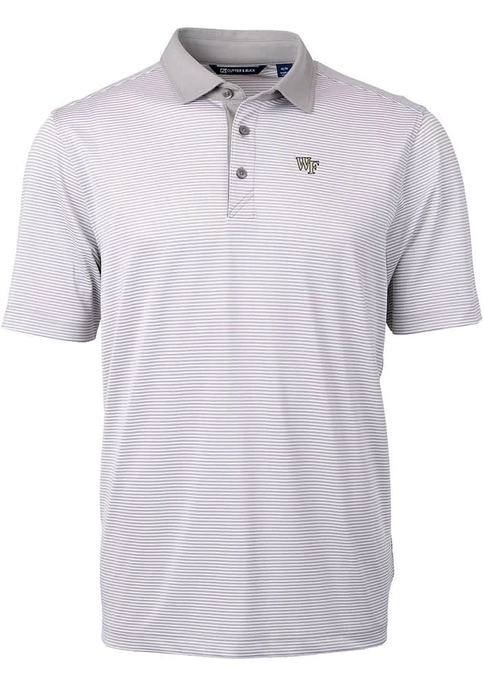 Cutter and Buck Wake Forest Demon Deacons Mens Grey Virtue Eco Pique Micro Stripe Short Sleeve Pol..