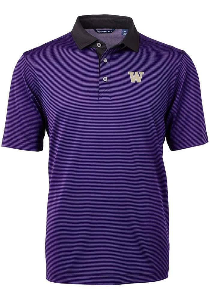 Mens Washington Huskies Purple Cutter and Buck Virtue Eco Pique Micro Stripe Short Sleeve Polo S..