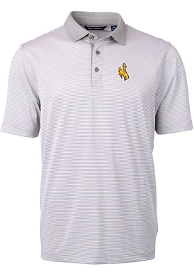 Cutter and Buck Wyoming Cowboys Mens Grey Virtue Eco Pique Micro Stripe Short Sleeve Polo