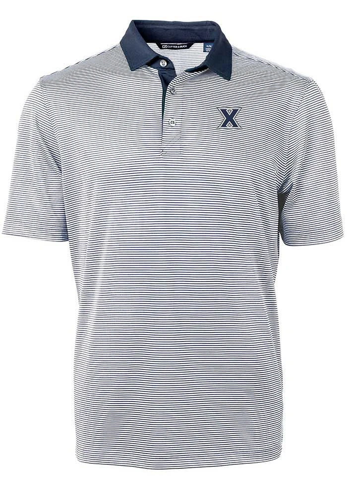 Cutter and Buck Xavier Musketeers Mens Navy Blue Virtue Eco Pique Micro Stripe Short Sleeve Polo