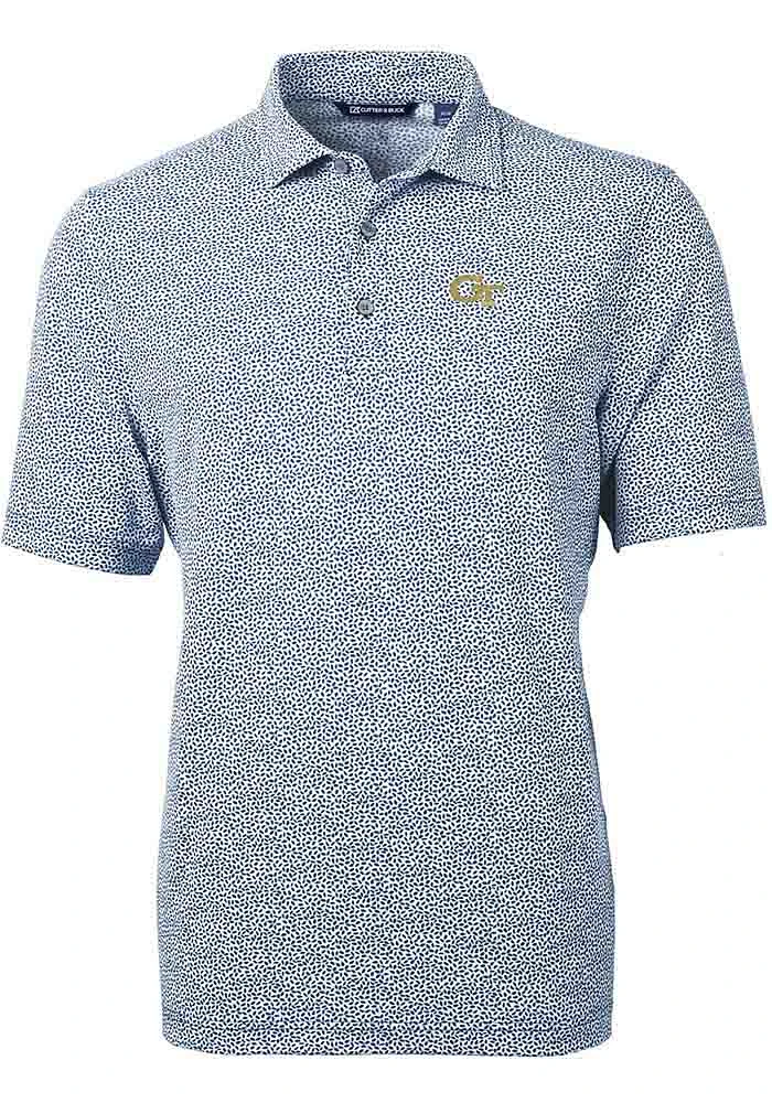 Cutter and Buck GA Tech Yellow Jackets Mens Navy Blue Virtue Eco Pique Botanical Short Sleeve Polo