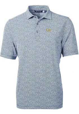 Cutter and Buck GA Tech Yellow Jackets Mens Navy Blue Virtue Eco Pique Botanical Short Sleeve Polo