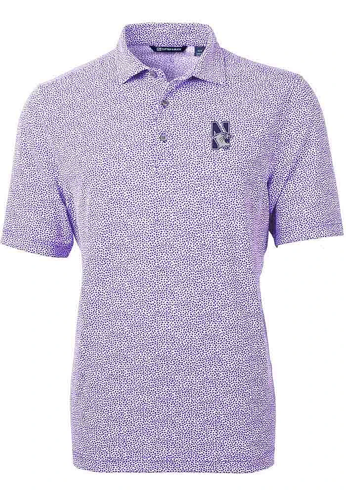 Mens Northwestern Wildcats Purple Cutter and Buck Virtue Eco Pique Botanical Short Sleeve Polo S..
