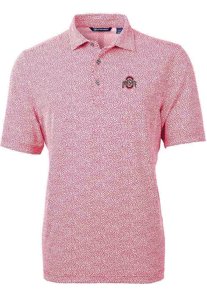 Cutter and Buck Ohio State Buckeyes Mens Red Solid Virtue Eco Pique Botanical Short Sleeve Polo
