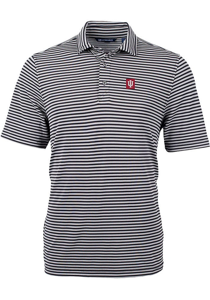 Mens Indiana Hoosiers Black Cutter and Buck Virtue Eco Pique Stripe Short Sleeve Polo Shirt