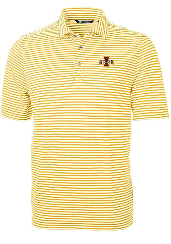 Cutter and Buck Iowa State Cyclones Mens Gold Virtue Eco Pique Stripe Short Sleeve Polo