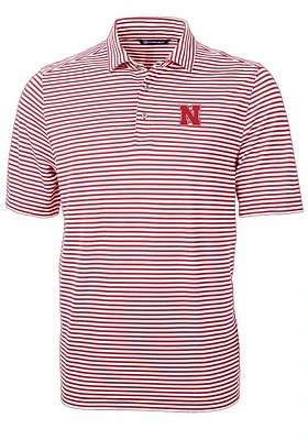 Mens Nebraska Cornhuskers Cardinal Cutter and Buck Virtue Eco Pique Stripe Short Sleeve Polo Shi..