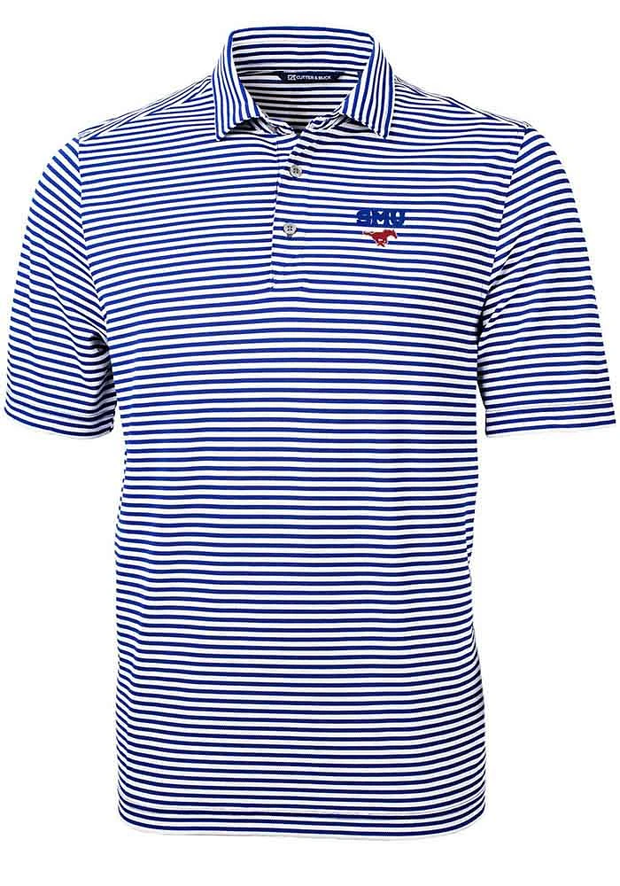 Cutter and Buck SMU Mustangs Mens Blue Logo Virtue Eco Pique Stripe Short Sleeve Polo