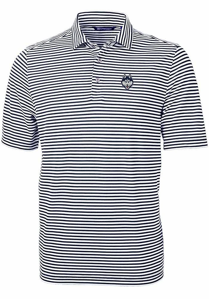 Cutter and Buck UConn Huskies Mens Navy Blue Virtue Eco Pique Stripe Short Sleeve Polo