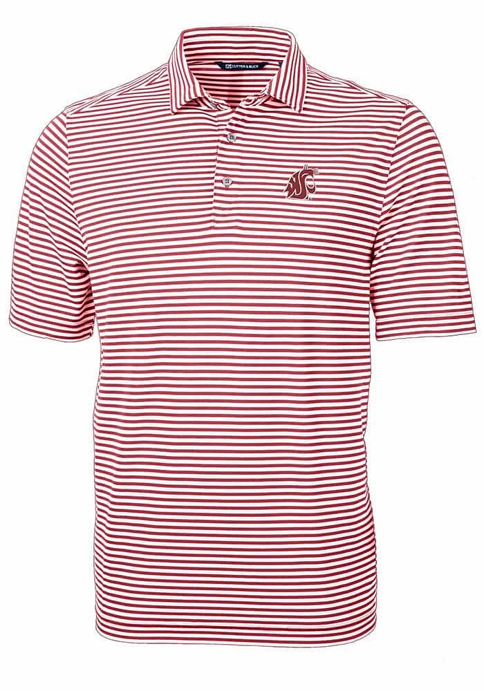 Cutter and Buck Washington State Cougars Mens Cardinal Virtue Eco Pique Stripe Short Sleeve Polo