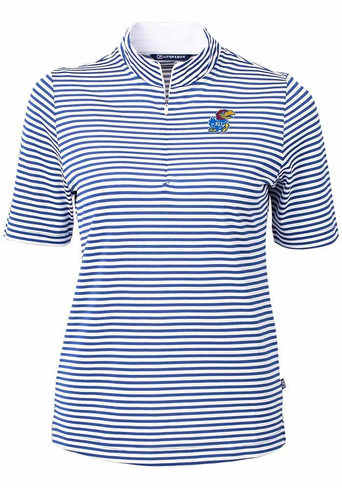 Cutter and Buck Kansas Jayhawks Womens Blue Virtue Eco Pique Stripe Short Sleeve Polo Shirt