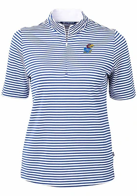Cutter and Buck Kansas Jayhawks Womens Blue Virtue Eco Pique Stripe Short Sleeve Polo Shirt