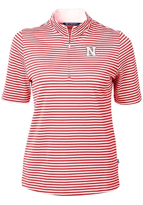 Cutter and Buck Nebraska Cornhuskers Womens Red Virtue Eco Pique Stripe Short Sleeve Polo Shirt