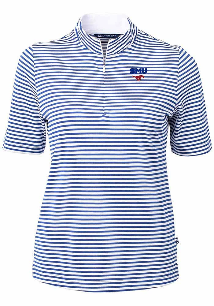 Cutter and Buck SMU Mustangs Womens Blue Virtue Eco Pique Stripe Short Sleeve Polo Shirt