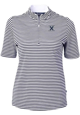 Cutter and Buck Xavier Musketeers Womens Navy Blue Virtue Eco Pique Stripe Short Sleeve Polo Shi..