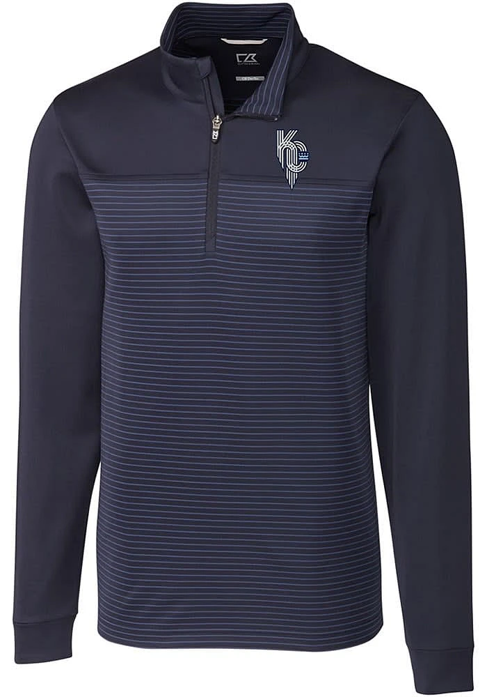 Cutter and Buck Kansas City Royals Mens Navy Blue Connect Traverse Stripe Long Sleeve Qtr Zip..