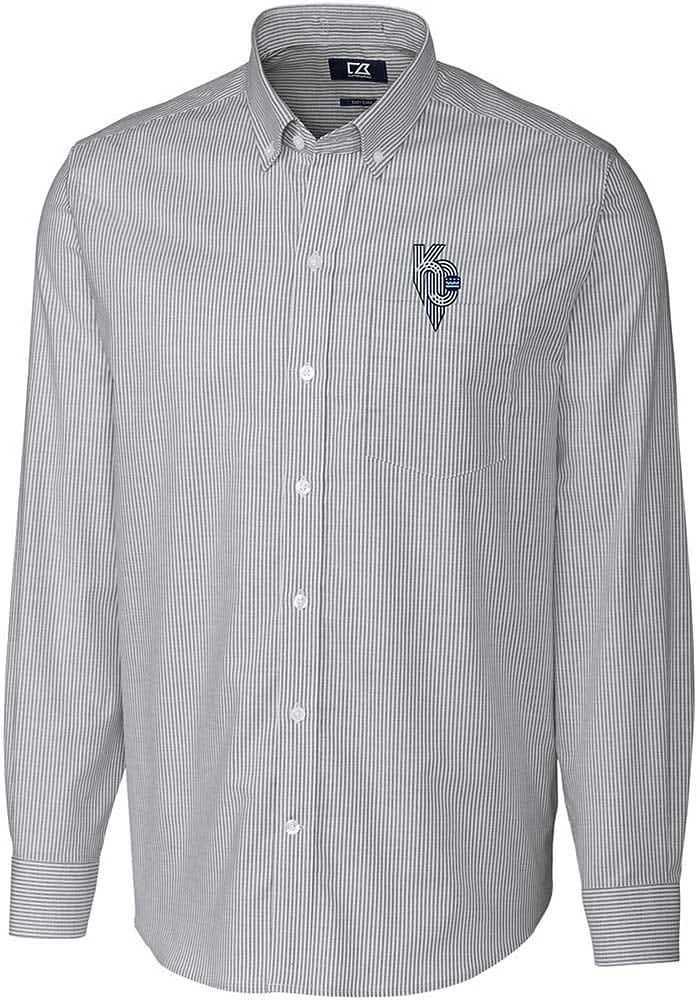 Cutter and Buck Kansas City Royals Mens Charcoal Connect Stretch Oxford Stripe Long Sleeve Dr..