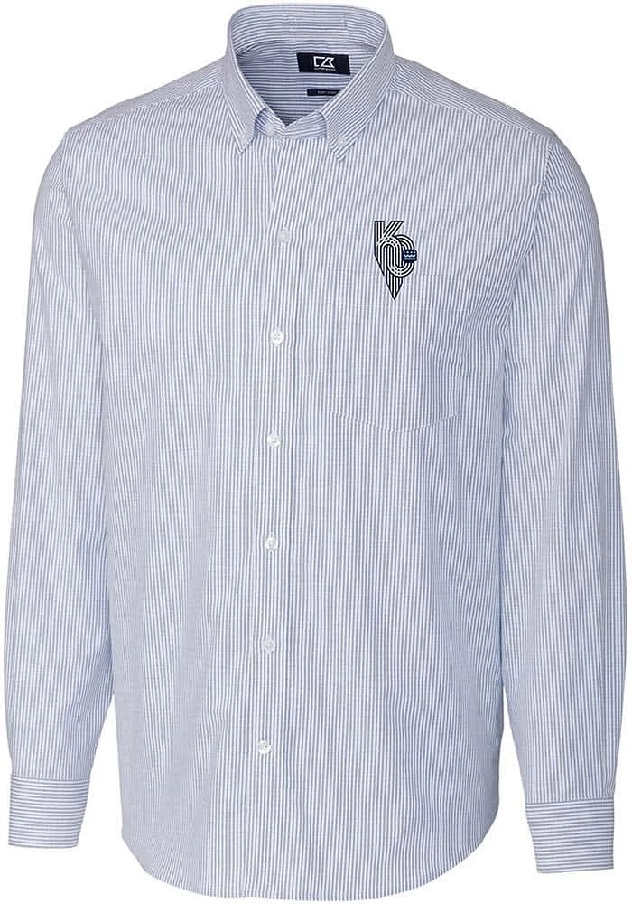 Cutter and Buck Kansas City Royals Mens Blue Connect Stretch Oxford Stripe Long Sleeve Dress..