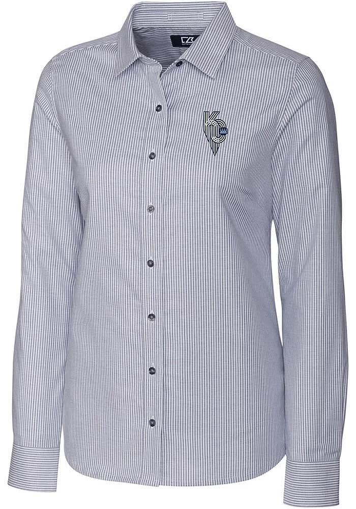 Cutter and Buck Kansas City Royals Womens Connect Stretch Oxford Stripe Long Sleeve Charcoal..
