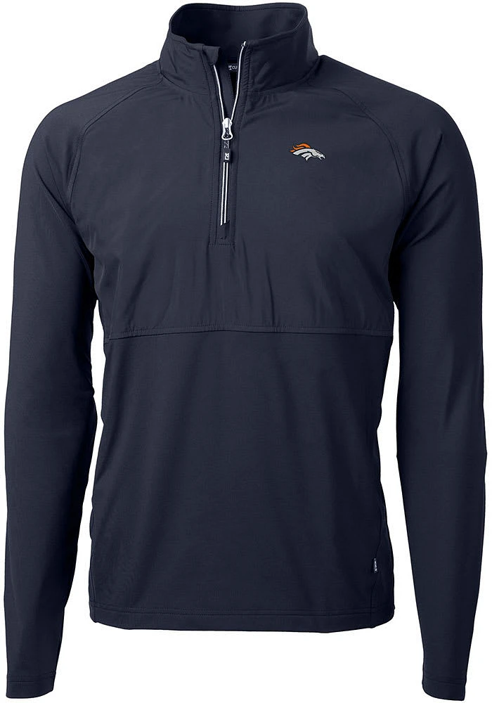 Cutter and Buck Denver Broncos Mens Navy Blue Adapt Eco Hybrid Long Sleeve Qtr Zip Pullover