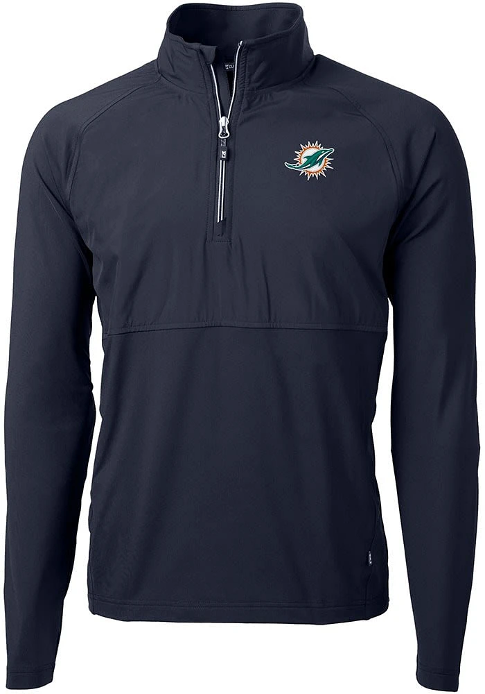 Cutter and Buck Miami Dolphins Mens Navy Blue Adapt Eco Hybrid Long Sleeve Qtr Zip Pullover