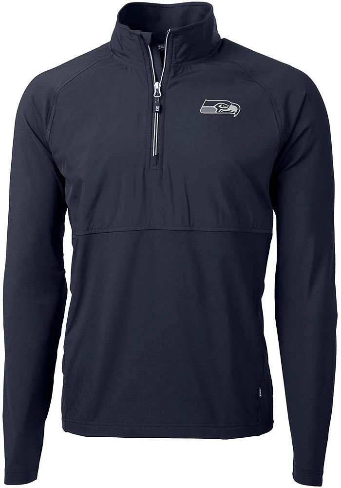 Cutter and Buck Seattle Seahawks Mens Navy Blue Adapt Eco Hybrid Long Sleeve Qtr Zip Pullover