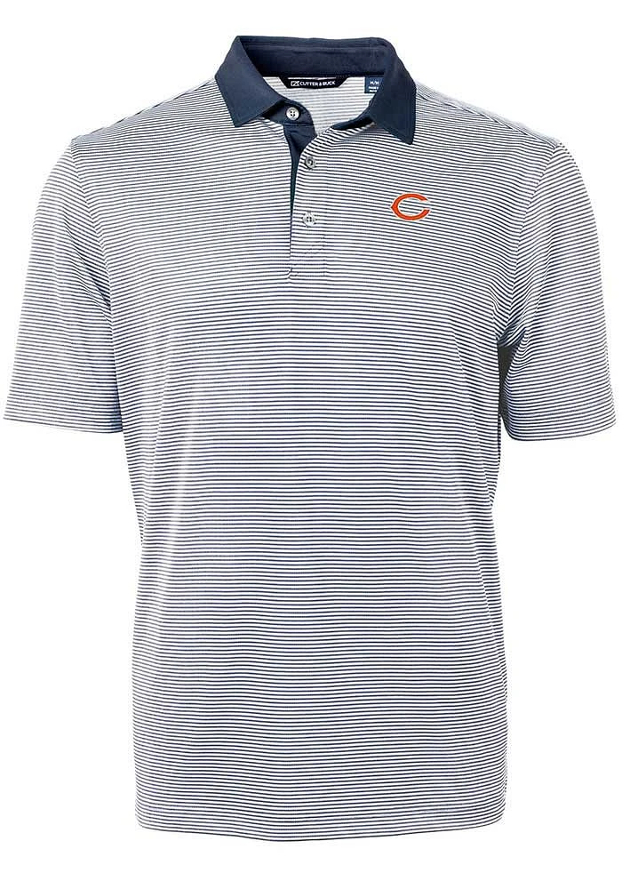 Cutter and Buck Chicago Bears Mens Navy Blue Virtue Eco Pique Micro Stripe Short Sleeve Polo