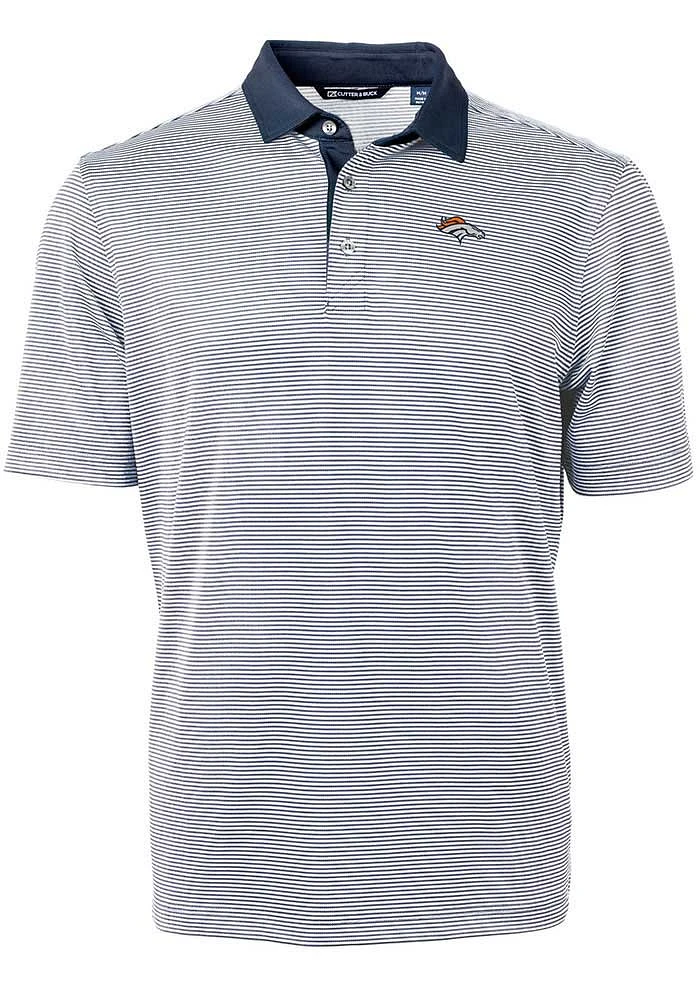 Cutter and Buck Denver Broncos Mens Navy Blue Virtue Eco Pique Micro Stripe Short Sleeve Polo