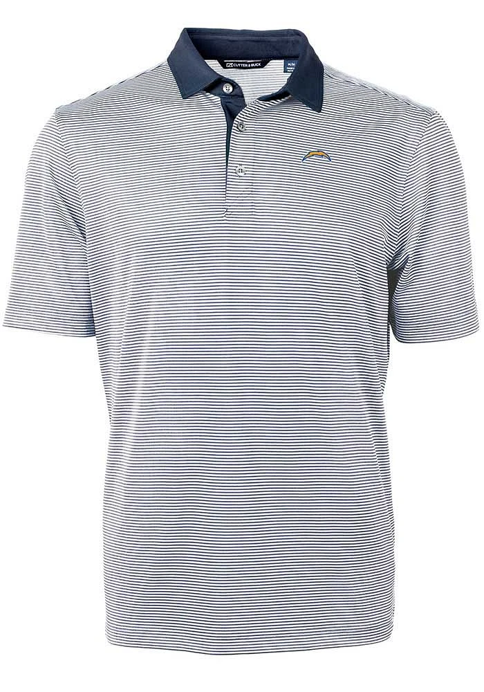Cutter and Buck Los Angeles Chargers Mens Navy Blue Virtue Eco Pique Micro Stripe Short Sleeve Pol..