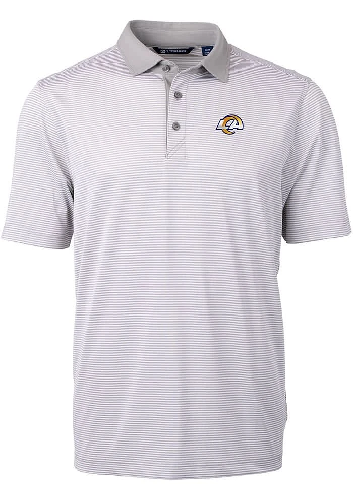 Cutter and Buck Los Angeles Rams Mens Grey White Logo Virtue Eco Pique Micro Stripe Short Sleeve P..