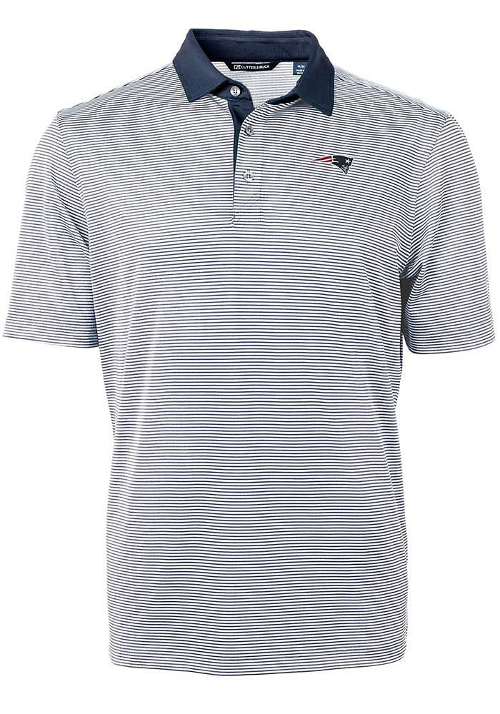 Cutter and Buck New England Patriots Mens Navy Blue Virtue Eco Pique Micro Stripe Short Sleeve Pol..