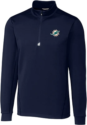 Cutter and Buck Miami Dolphins Mens Navy Blue Traverse Long Sleeve Qtr Zip Pullover