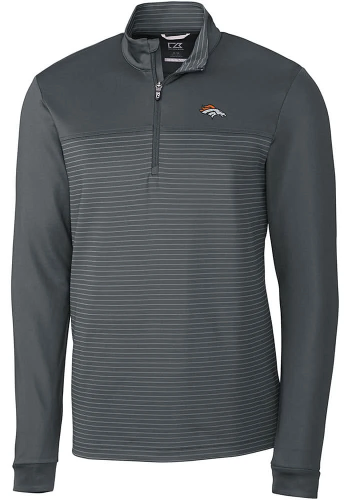 Cutter and Buck Denver Broncos Mens Grey Traverse Stripe Long Sleeve Qtr Zip Pullover