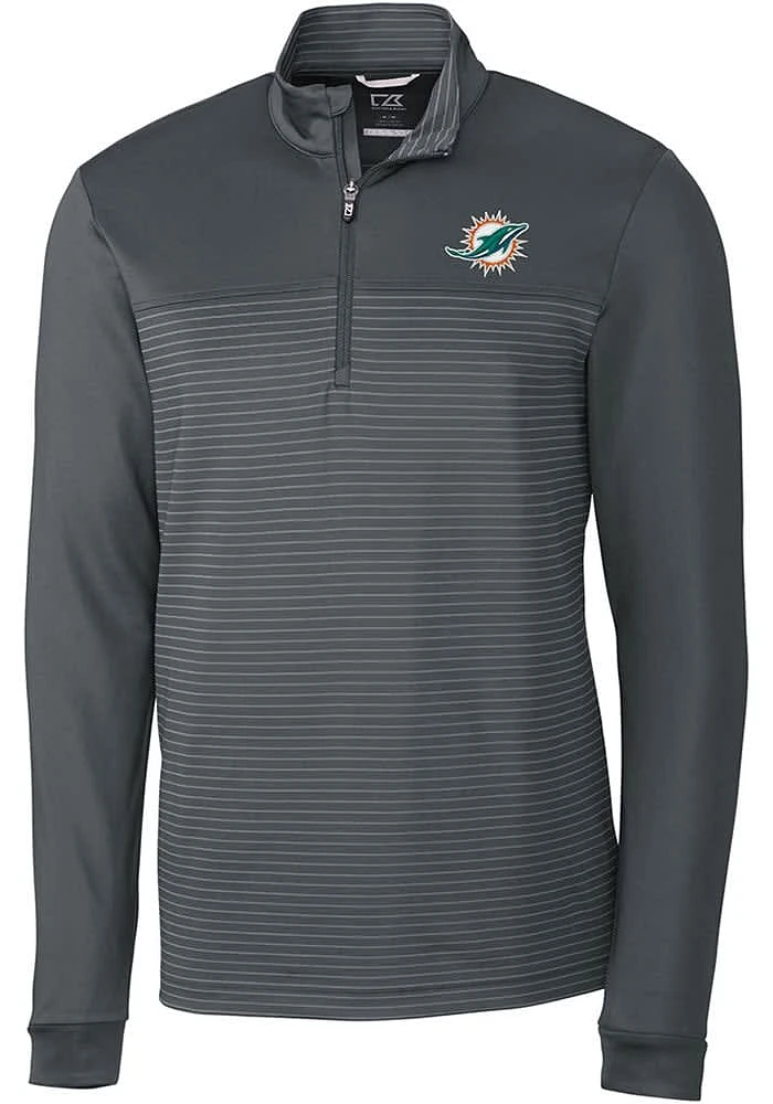 Cutter and Buck Miami Dolphins Mens Grey Traverse Stripe Long Sleeve Qtr Zip Pullover