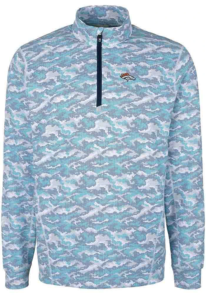 Cutter and Buck Denver Broncos Mens Blue Traverse Camo Long Sleeve Qtr Zip Pullover
