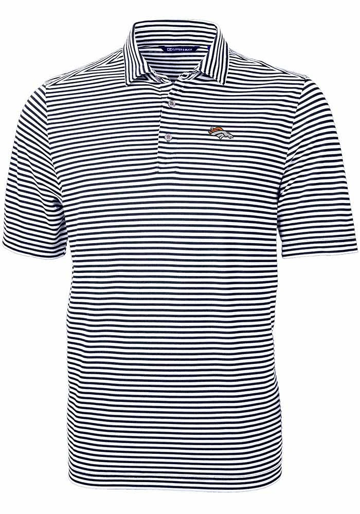 Cutter and Buck Denver Broncos Mens Navy Blue Virtue Eco Pique Stripe Short Sleeve Polo