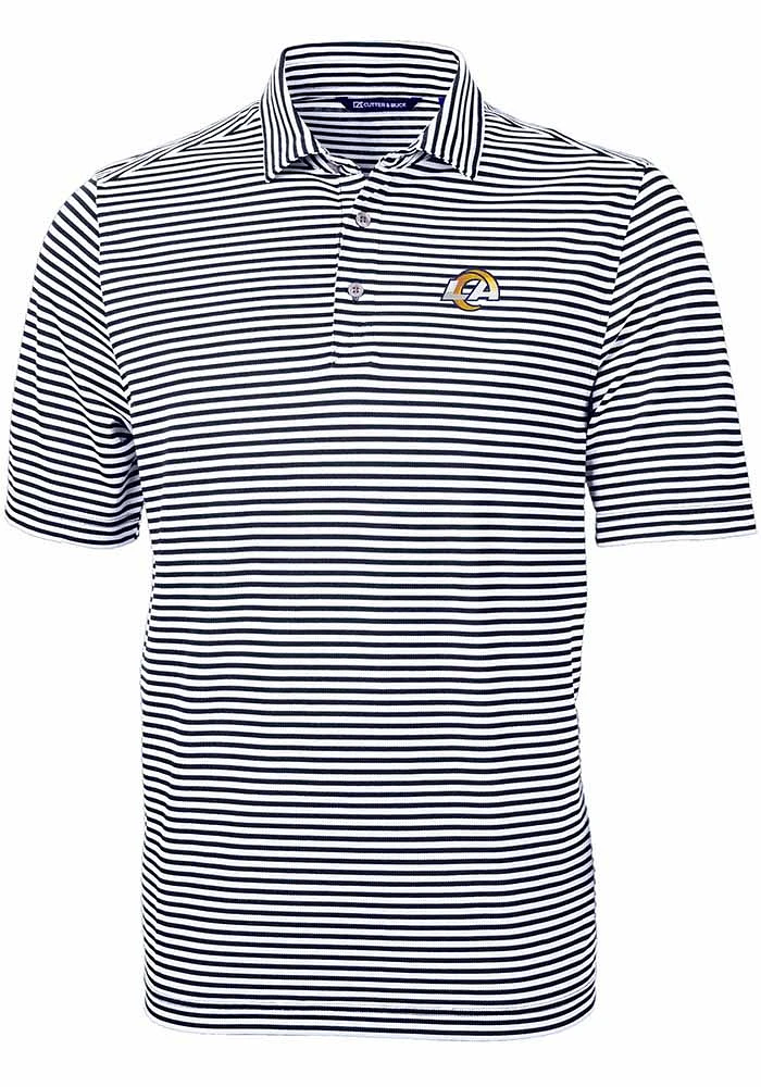 Cutter and Buck Los Angeles Rams Mens Navy Blue White Logo Virtue Eco Pique Stripe Short Sleeve Po..