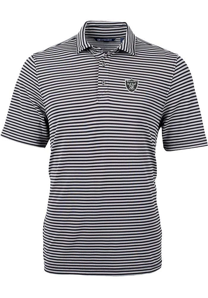 Cutter and Buck Las Vegas Raiders Mens Black Virtue Eco Pique Stripe Short Sleeve Polo