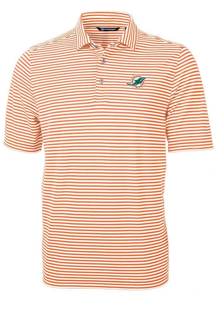 Cutter and Buck Miami Dolphins Mens Orange Virtue Eco Pique Stripe Short Sleeve Polo