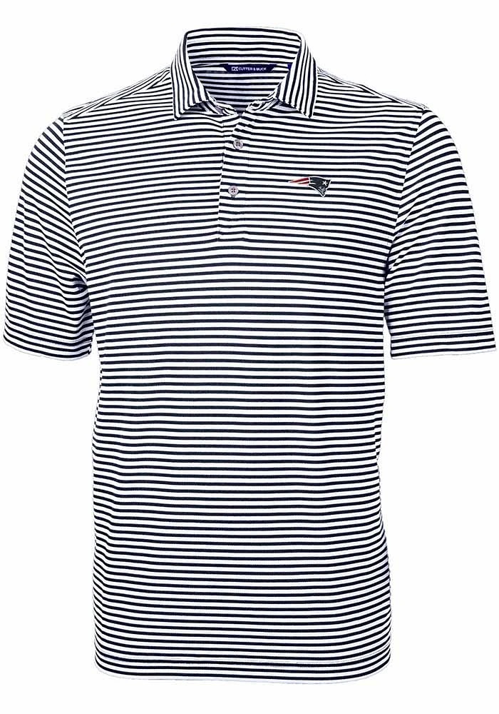 Cutter and Buck New England Patriots Mens Navy Blue Virtue Eco Pique Stripe Short Sleeve Polo