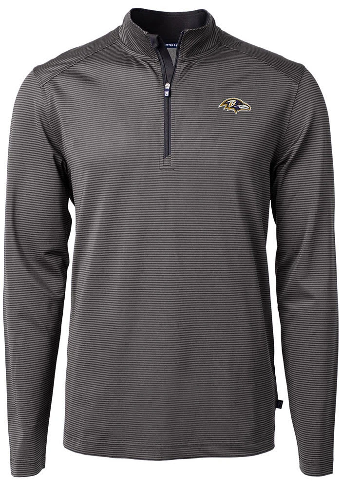 Cutter and Buck Baltimore Ravens Mens Black Virtue Eco Pique Micro Stripe Long Sleeve Qtr Zip Pull..
