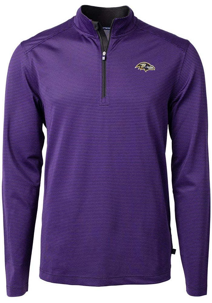 Cutter and Buck Baltimore Ravens Mens Purple Virtue Eco Pique Micro Stripe Long Sleeve Qtr Zip Pul..