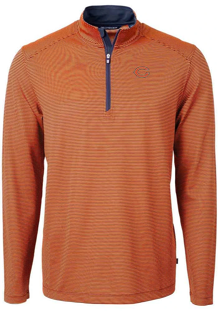 Cutter and Buck Chicago Bears Mens Orange Virtue Eco Pique Micro Stripe Long Sleeve Qtr Zip Pullov..