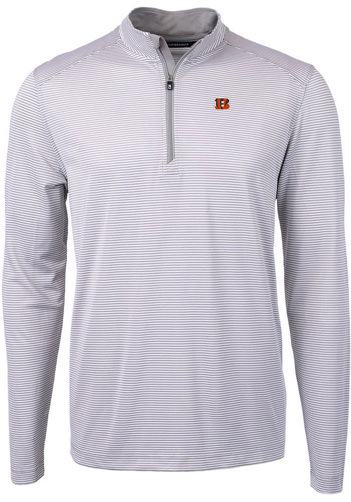 Cutter and Buck Cincinnati Bengals Mens Grey Virtue Eco Pique Micro Stripe Long Sleeve Qtr Zip P..