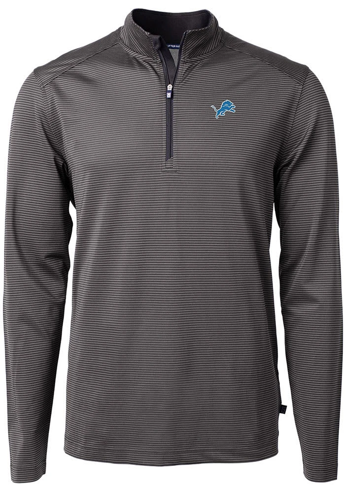 Cutter and Buck Detroit Lions Mens Black Virtue Eco Pique Micro Stripe Long Sleeve Qtr Zip Pullove..