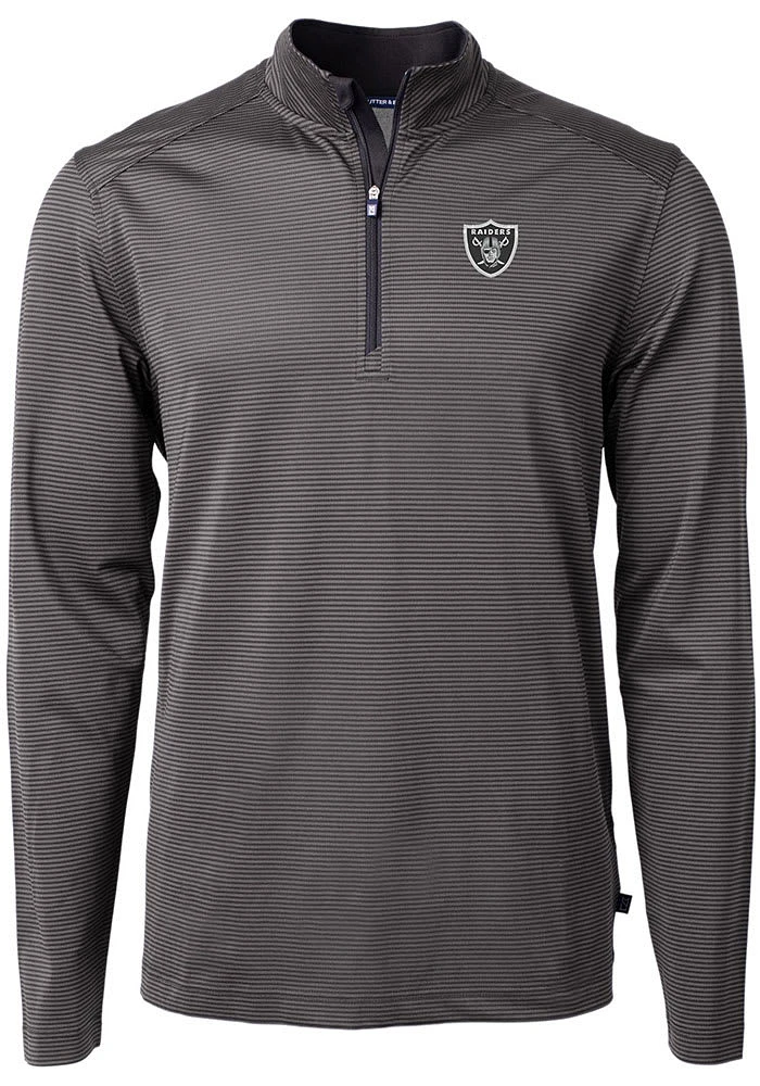 Cutter and Buck Las Vegas Raiders Mens Black Virtue Eco Pique Micro Stripe Long Sleeve Qtr Zip Pul..